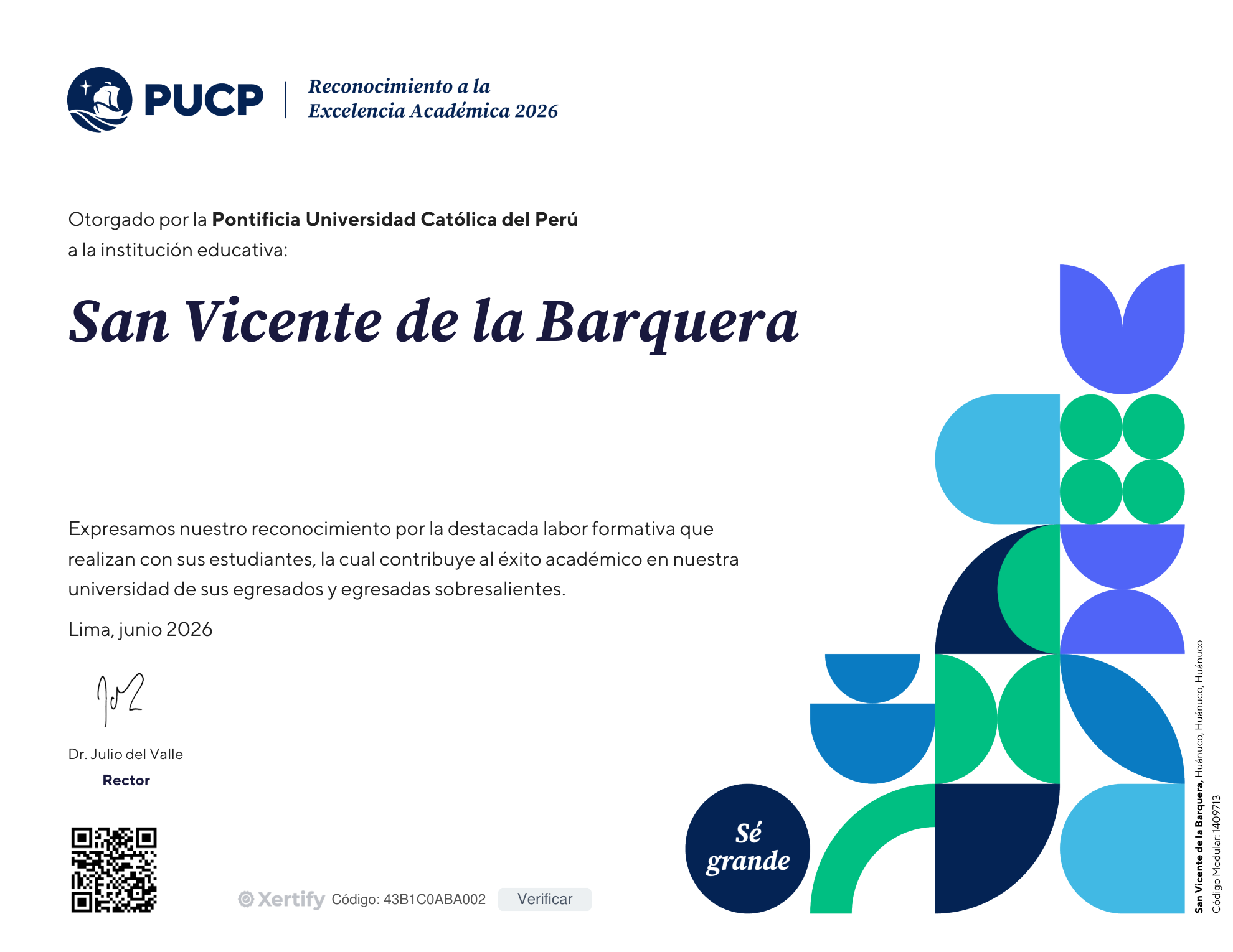Primera página del diploma de reconocimiento a la excelencia académica 2026